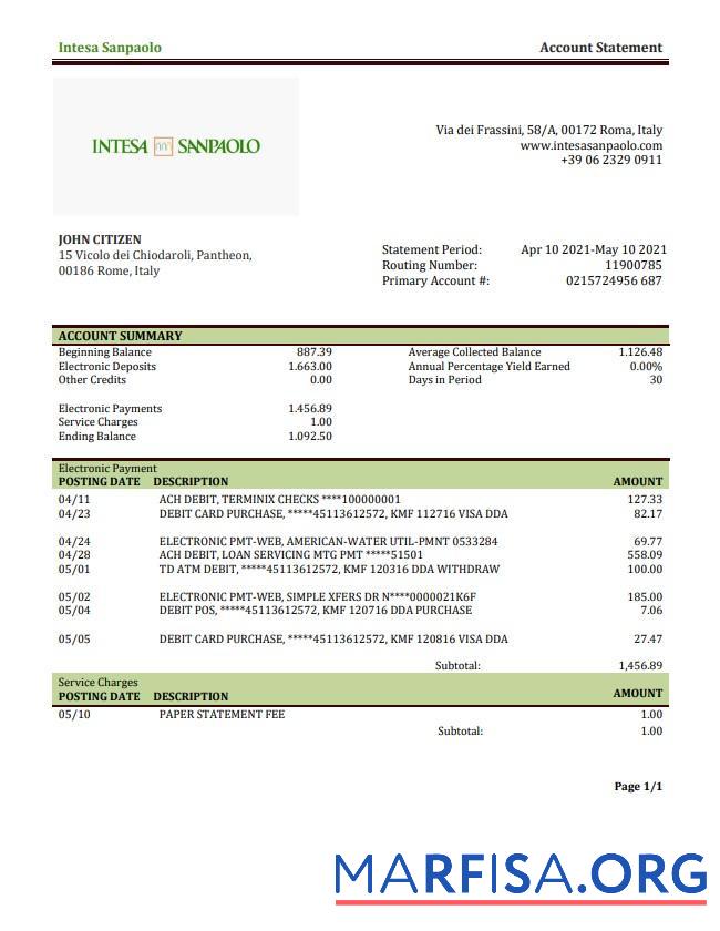 Blank Italy Intesa Sanpaolo bank statement word sample